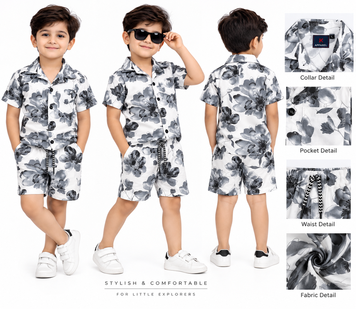 Boys White and Black Floral Print Short Sleeve Shirt and Shorts Co-ord Set