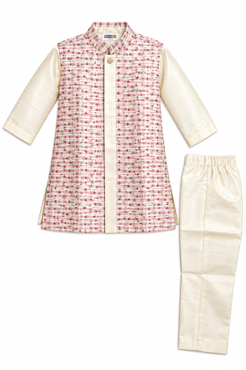 Boys Off-White and Pink Printed Sherwani Set