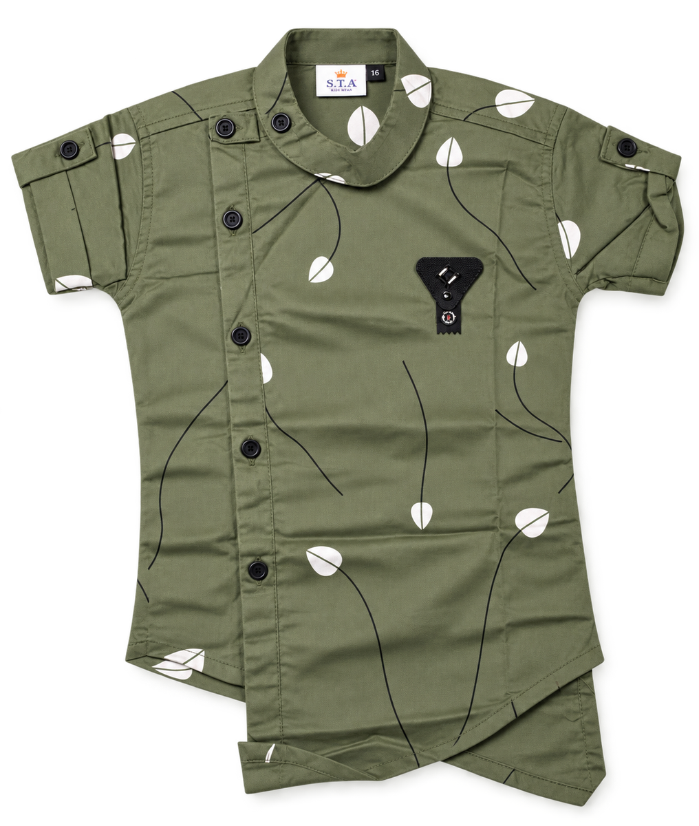 Olive Green Asymmetric Printed Cotton Shirt for Boys — lifestyle