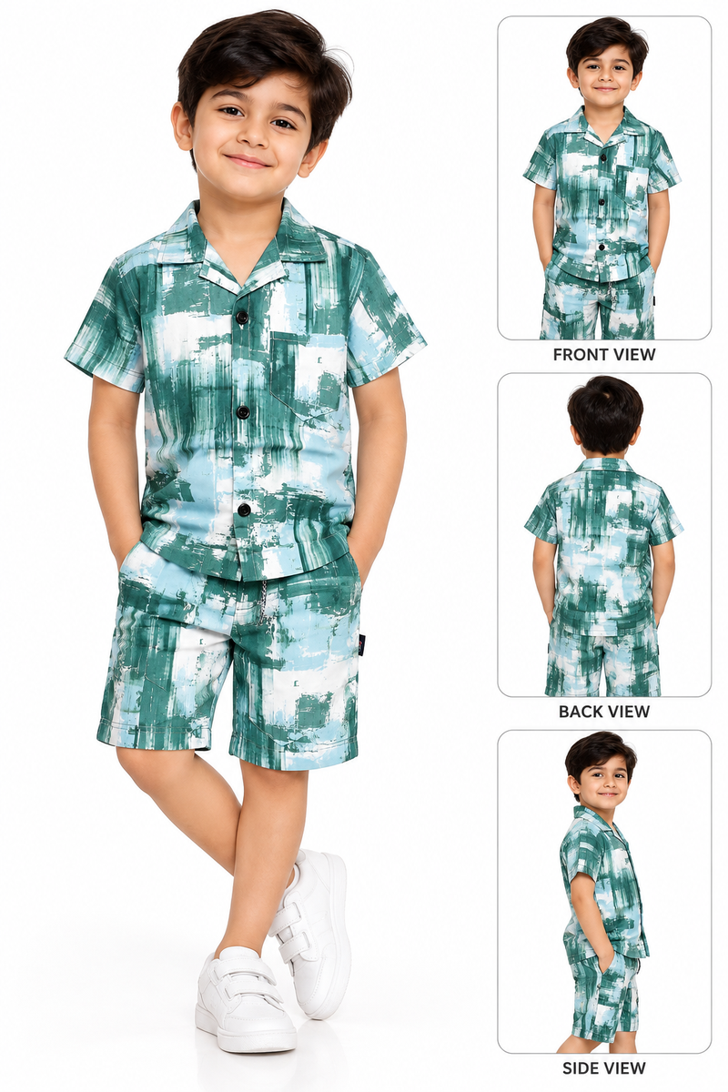 Boys Green Abstract Printed Shirt and Shorts Set
