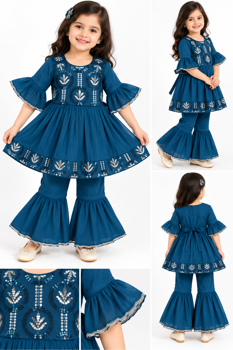 Teal Blue Embroidered Peplum Top with Sharara Set