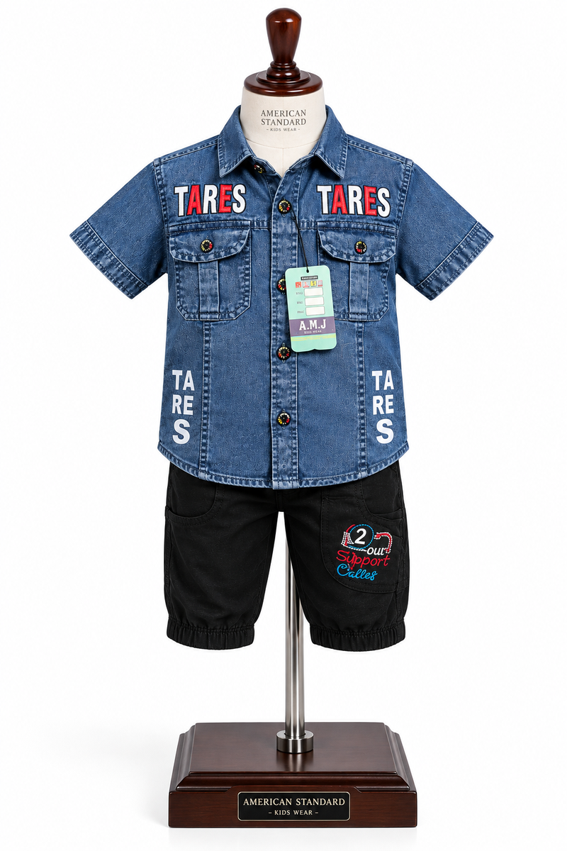 Boys Blue Printed Denim Shirt and Black Shorts Set — lifestyle