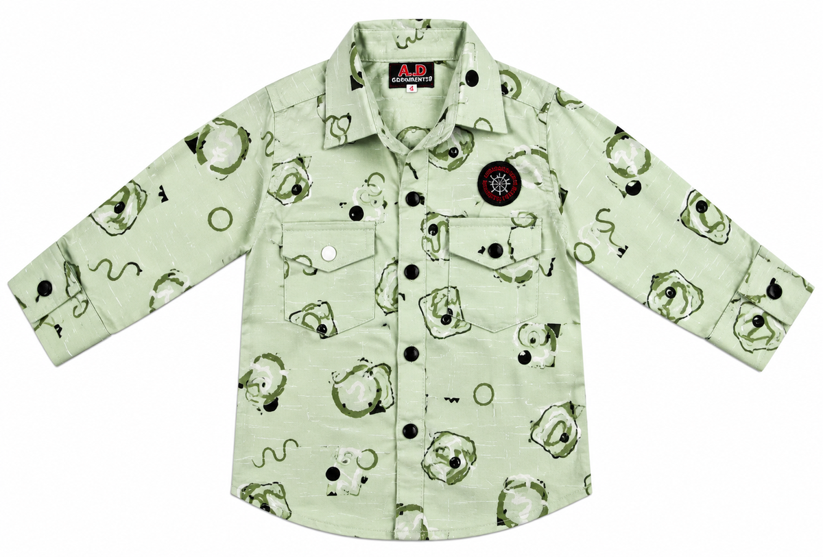 Boys Olive Printed Casual Shirt with Black Shorts Set