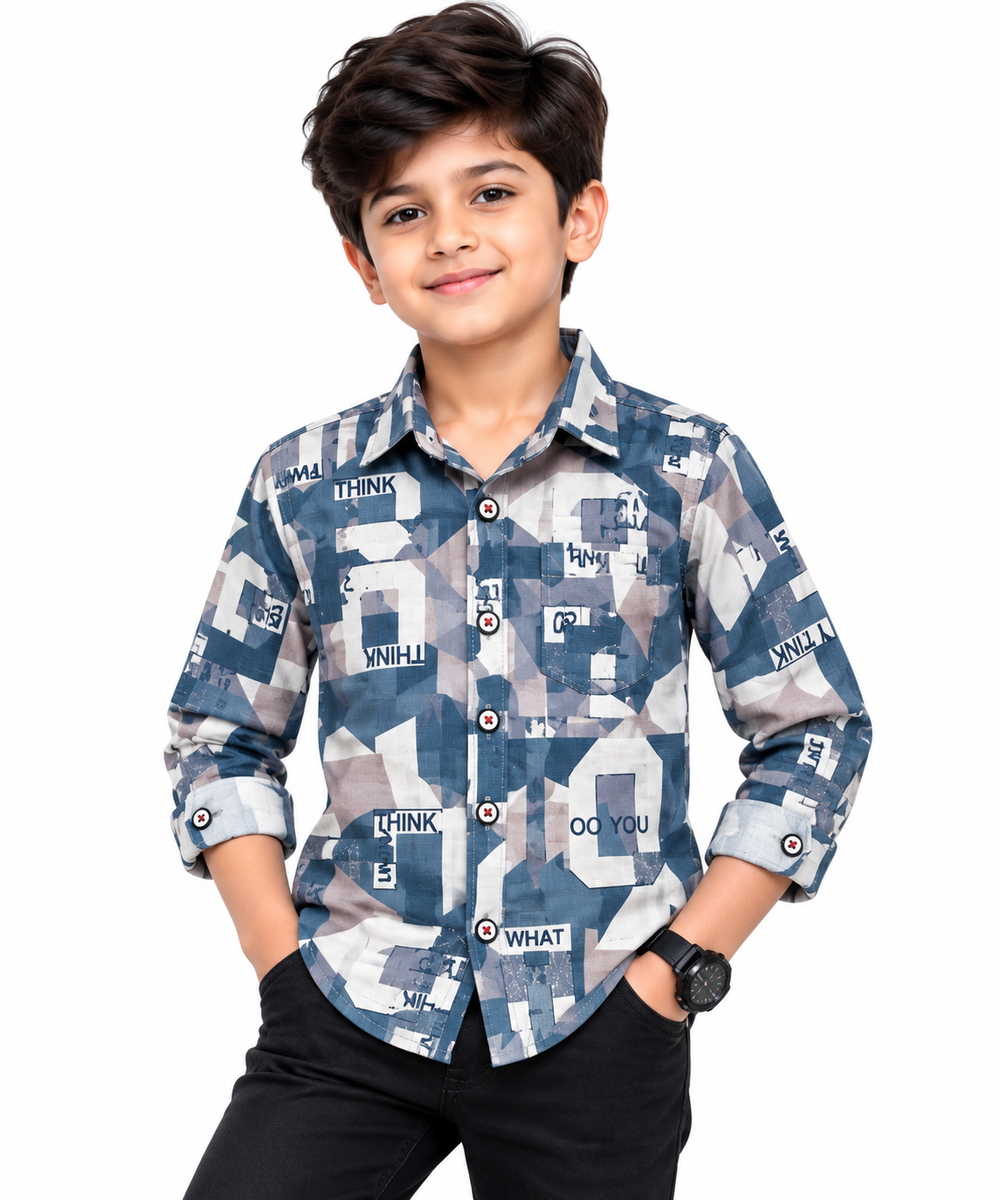 Boys Blue Printed Casual Cotton Shirt