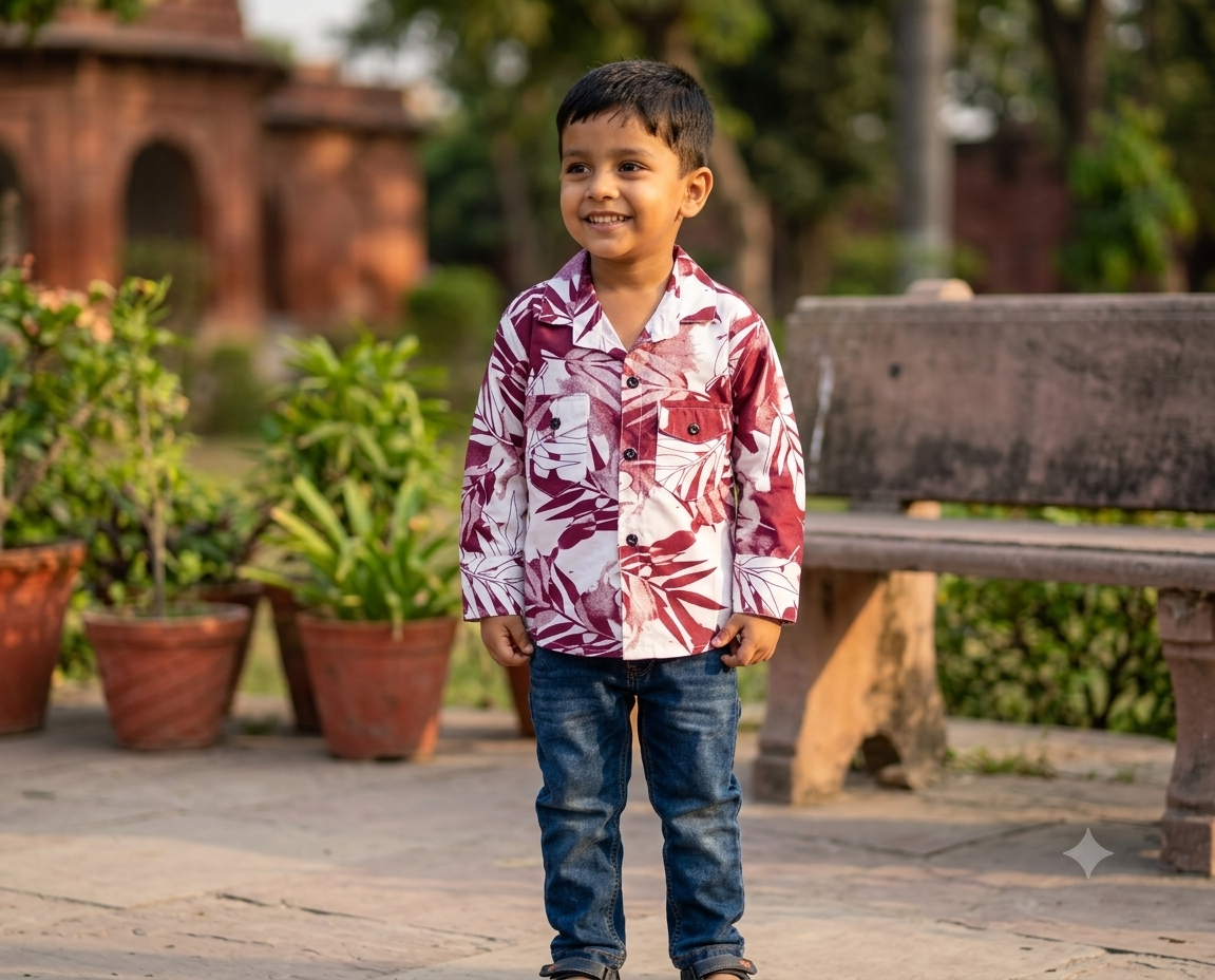 Boys Maroon Leaf Printed Full Sleeve Casual Shirt