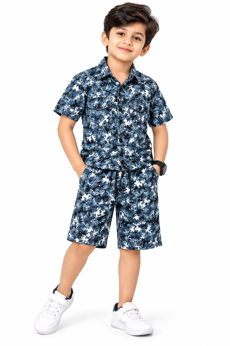Boys Blue Camouflage Print Shirt and Shorts Set — lifestyle