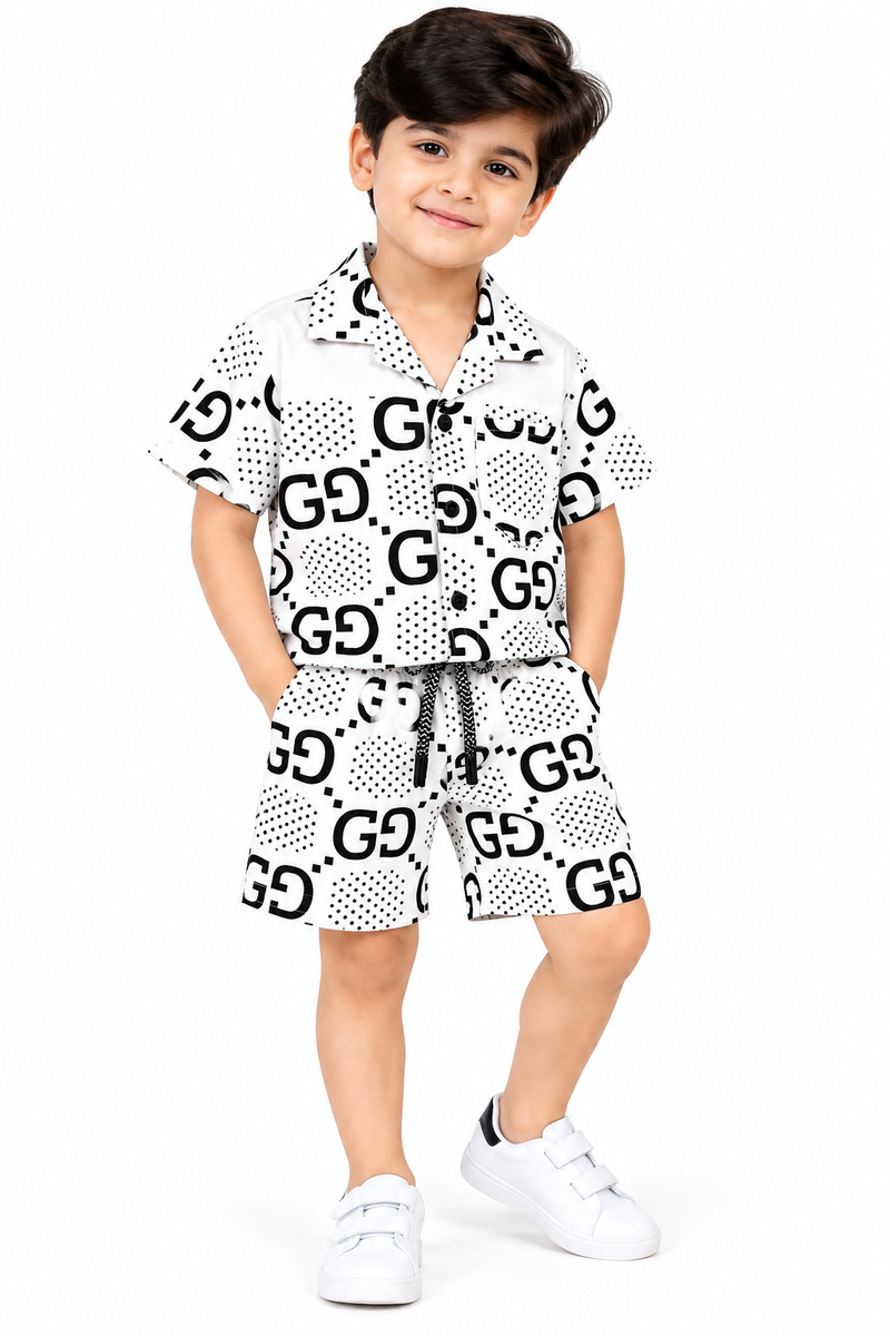 Boys White and Black Monogram Print Shirt and Shorts Co-ord Set