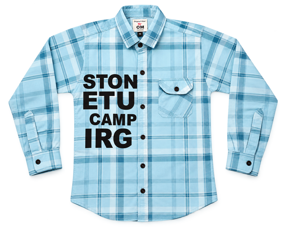 Boys Blue Checked Casual Shirt with Typography Print