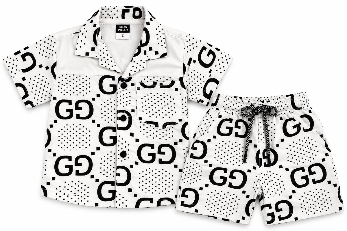 Boys White and Black Monogram Print Shirt and Shorts Co-ord Set