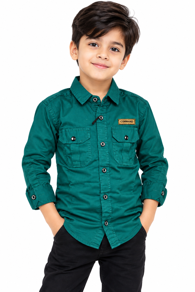 Boys Dark Green Double Pocket Casual Shirt