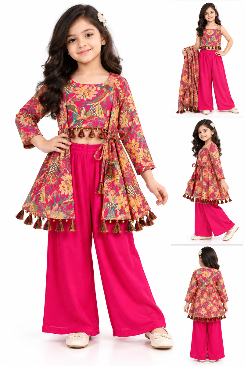 Pink Floral Crop Top with Palazzo and Matching Shrug