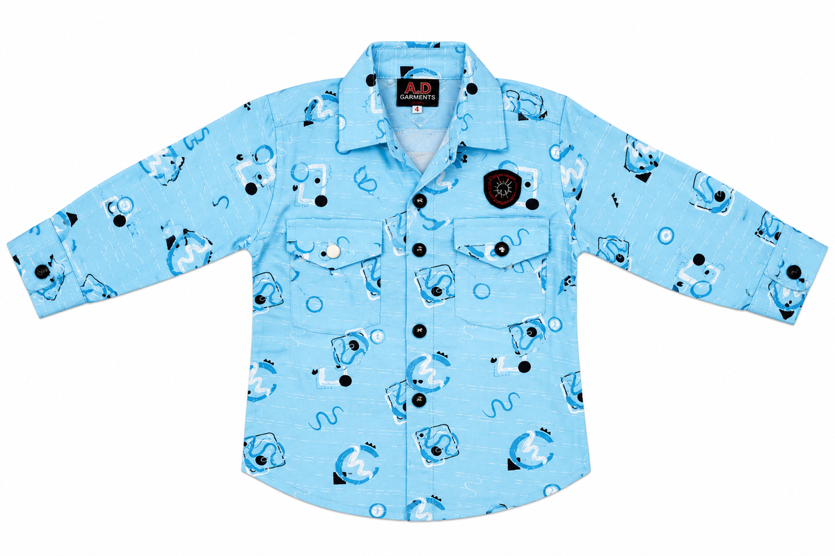 Boys Blue Printed Casual Shirt with Denim Shorts — lifestyle
