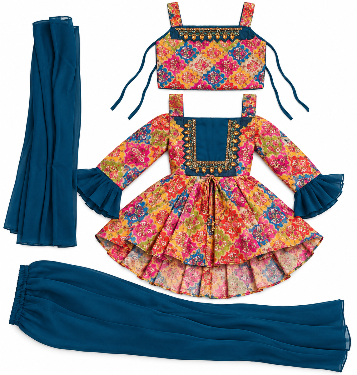 Multicolor Printed Peplum Kurta with Sharara and Dupatta