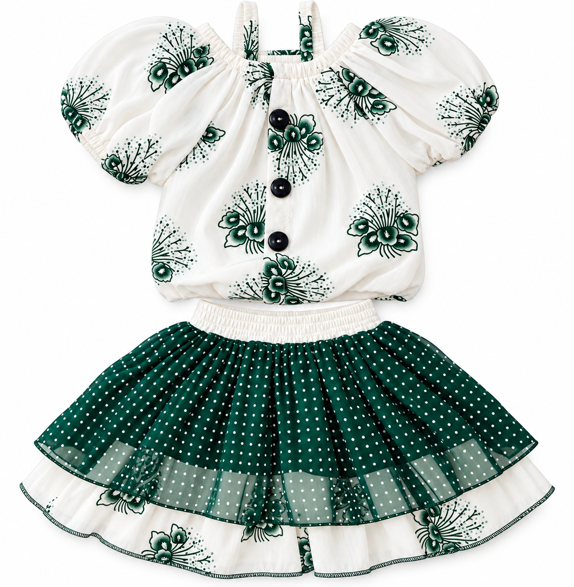 Green and White Floral Print Puff Sleeve Frock — lifestyle