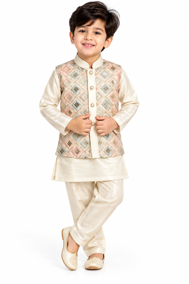 Boys Beige Kurta with Embroidered Nehru Jacket Set