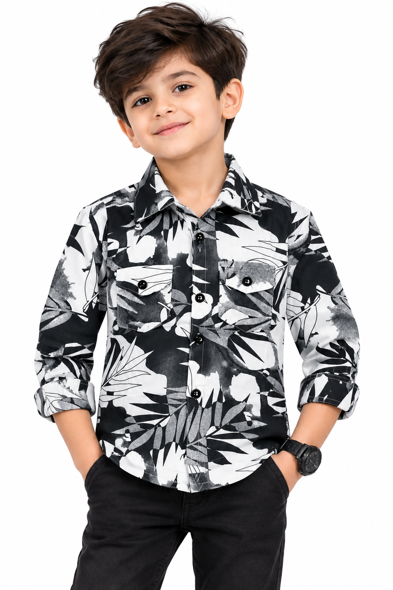 Boys Black and White Botanical Print Casual Shirt