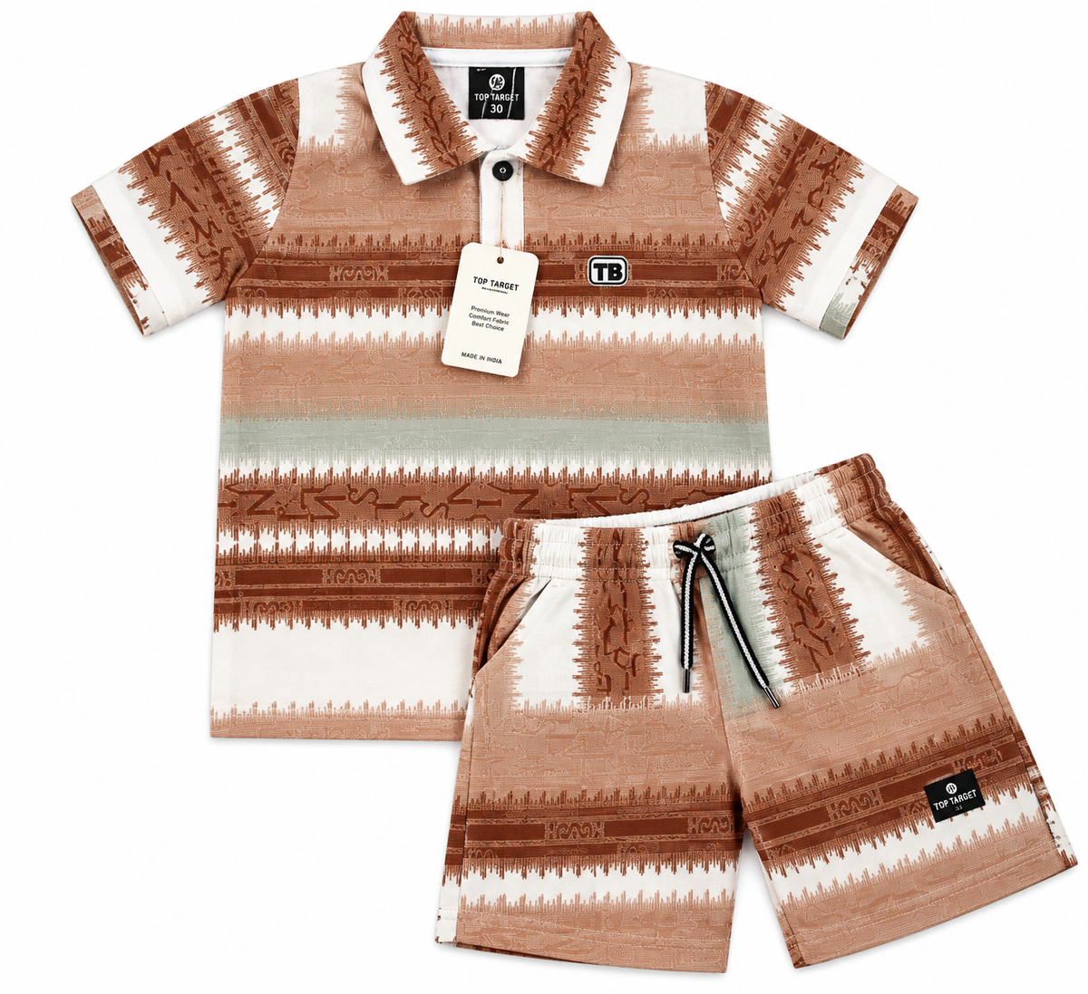 Boys Brown Geometric Print Polo & Shorts Co-ord Set