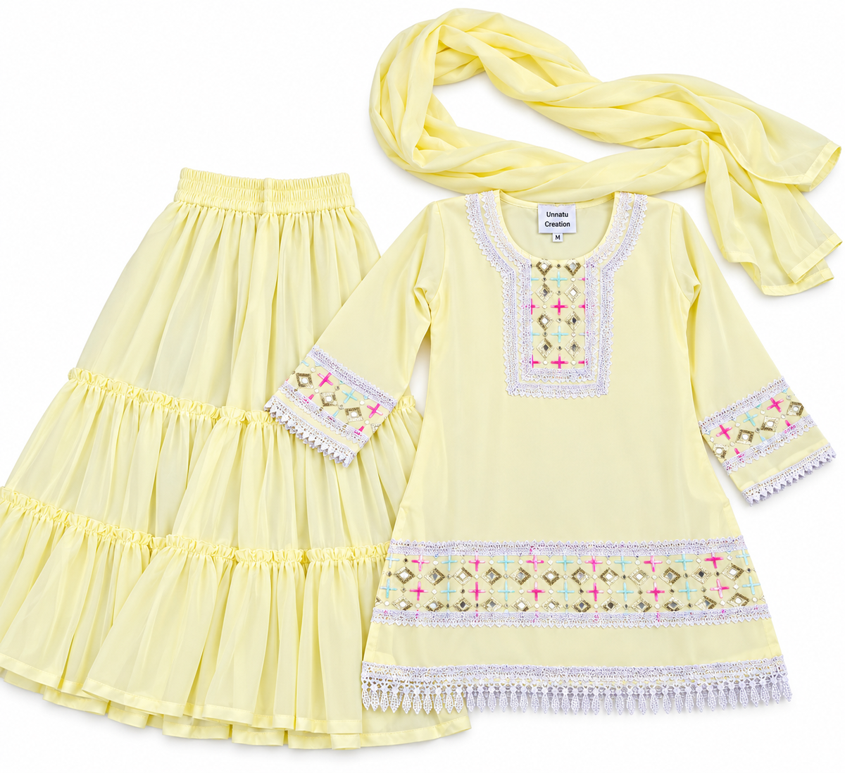 Girls Lemon Yellow Embroidered Kurta Sharara Set with Dupatta — lifestyle