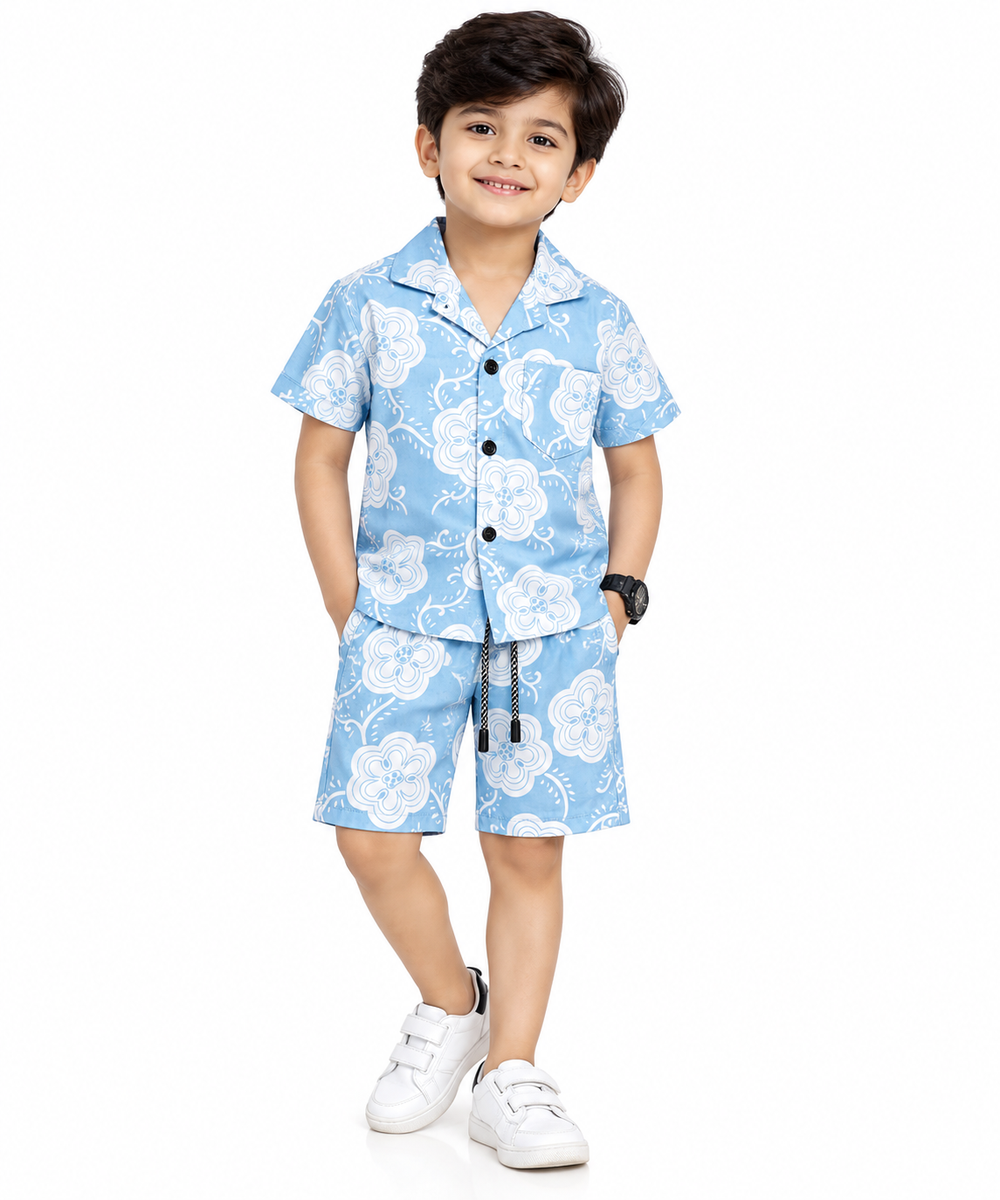 Boys Blue Floral Printed Short Set — lifestyle