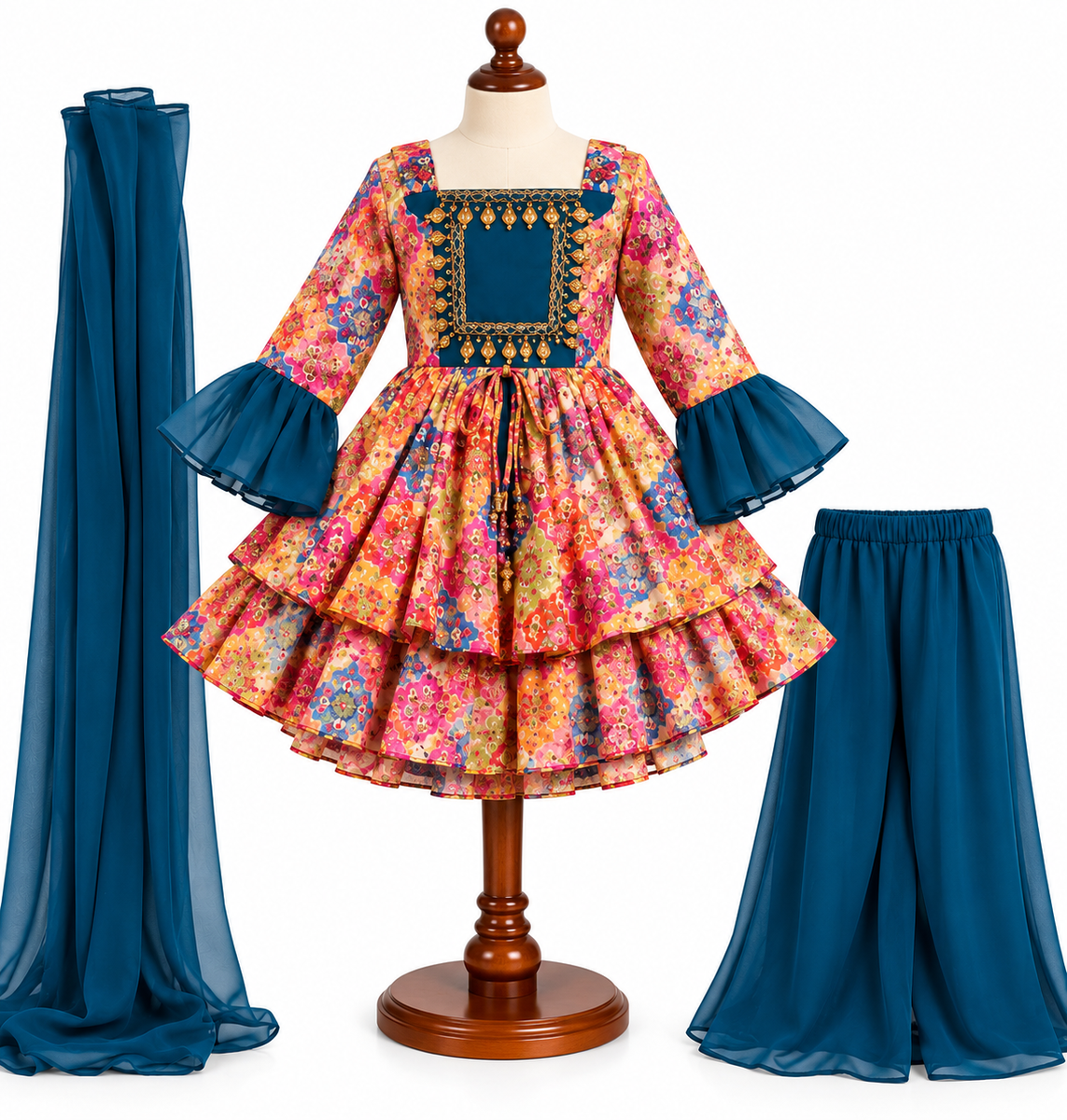 Multicolor Printed Peplum Kurta with Sharara and Dupatta