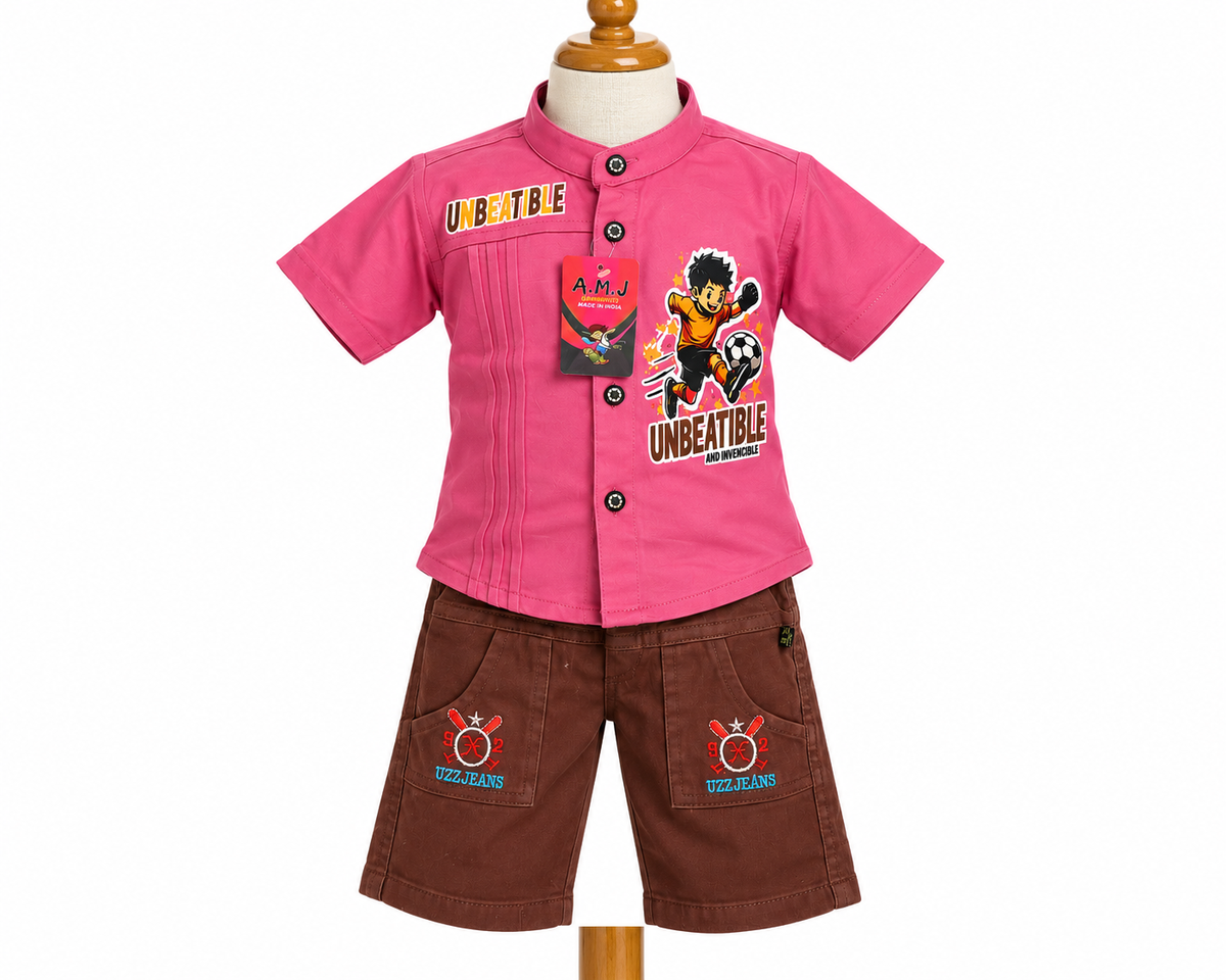 Boys Pink Shirt and Brown Shorts Co-ord Set
