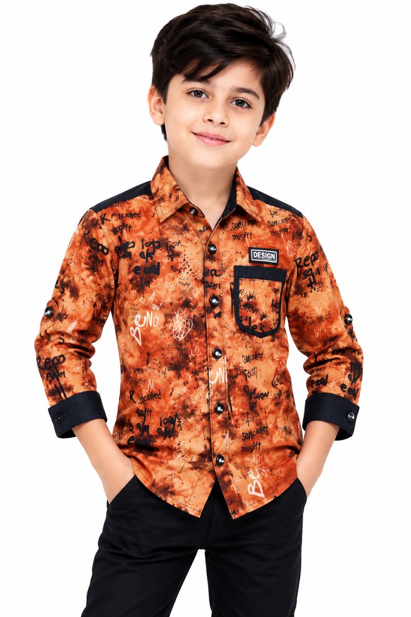 Boys Brown Graffiti Print Casual Shirt