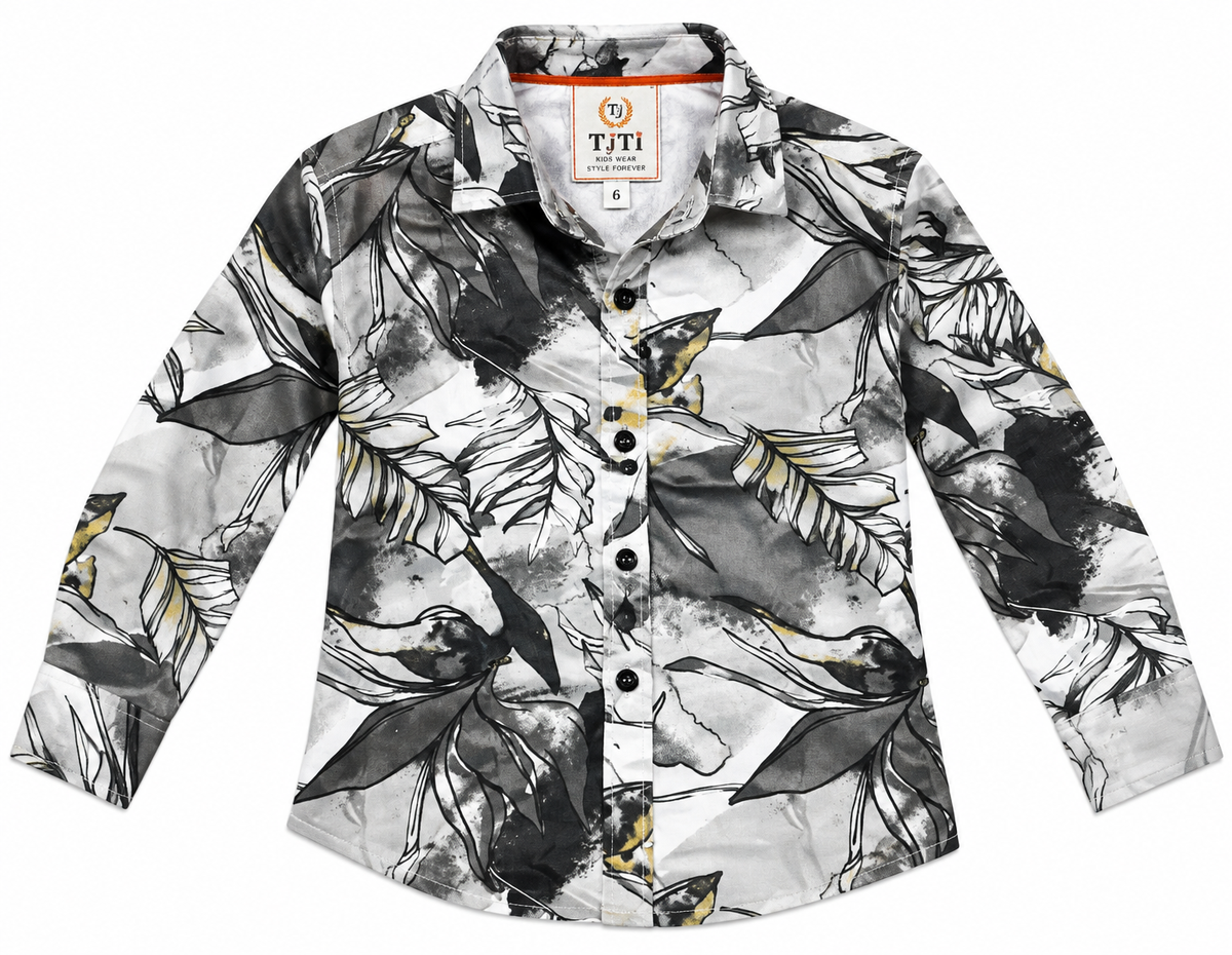 Boys Grey & Black Abstract Botanical Print Casual Shirt