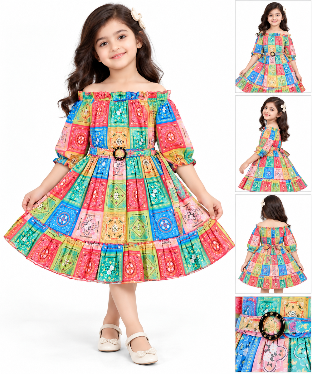Multicolor Off-Shoulder Printed Frock with Belt