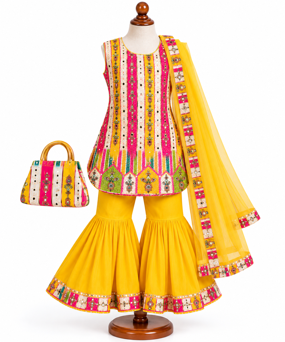 Multicolor Kurti with Yellow Sharara and Dupatta Set