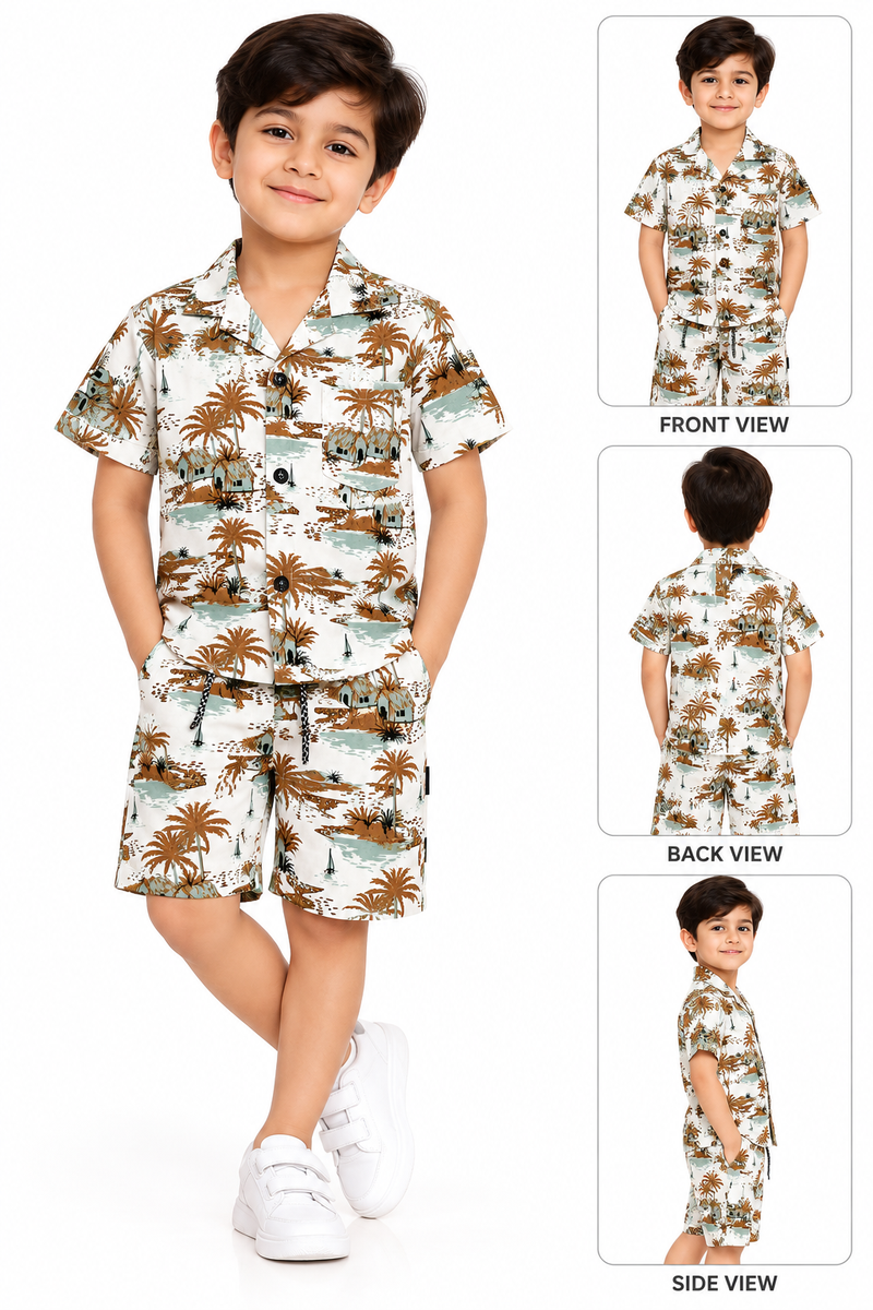 Boys Tropical Palm Print Casual Shirt and Shorts Co-ord Set