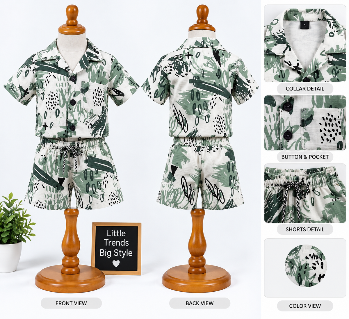 Boys Green Abstract Print Shirt and Shorts Co-ord Set