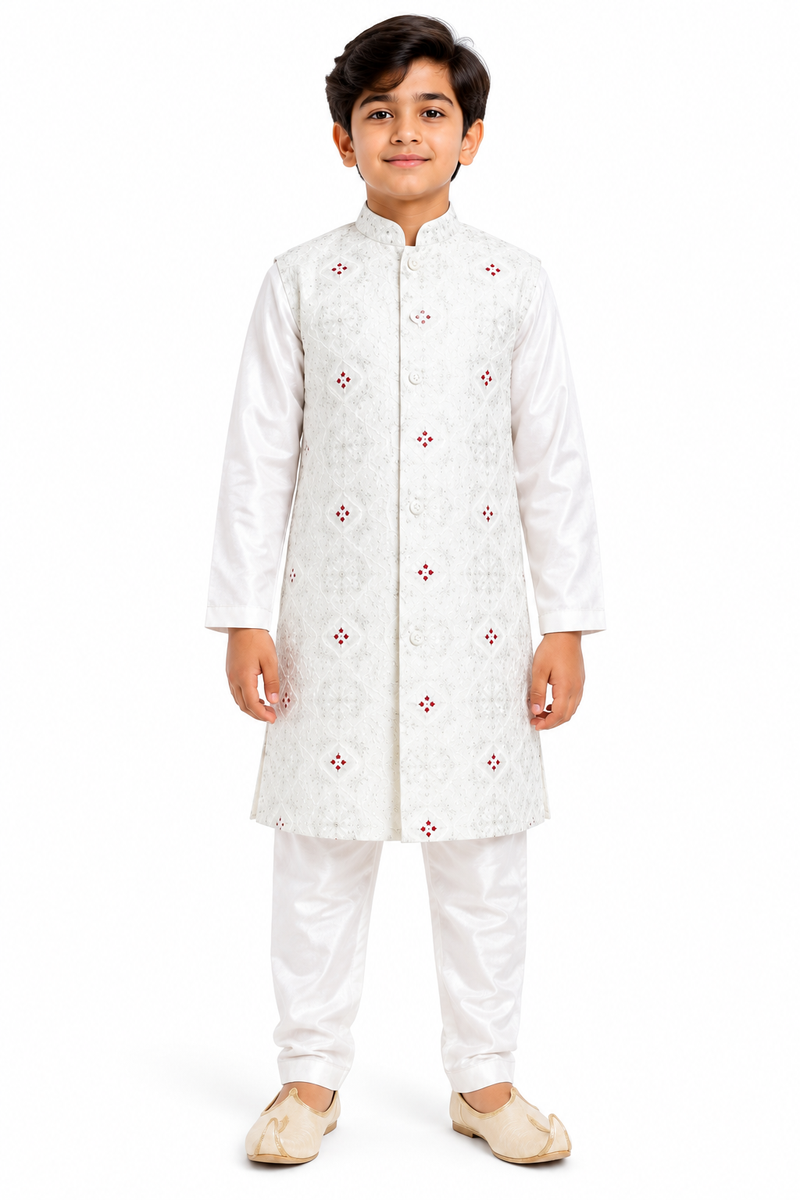 Boys Off-White Kurta with Nehru Jacket Set