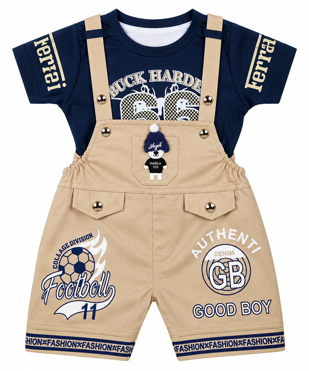 Boys Navy Blue T-Shirt with Beige Dungaree Shorts Set — lifestyle