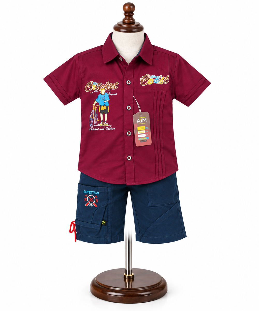 Maroon Printed Casual Shirt and Blue Shorts Set