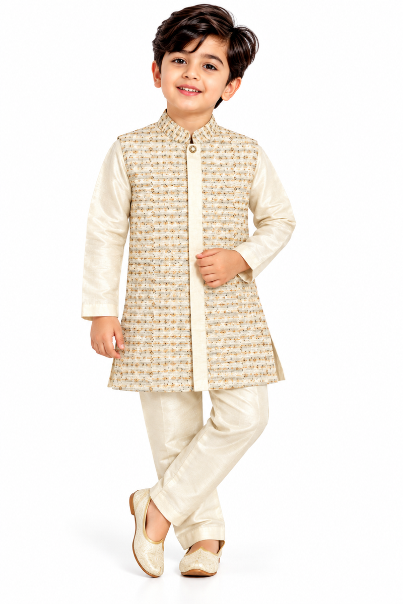 Boys Beige Kurta and Nehru Jacket Set