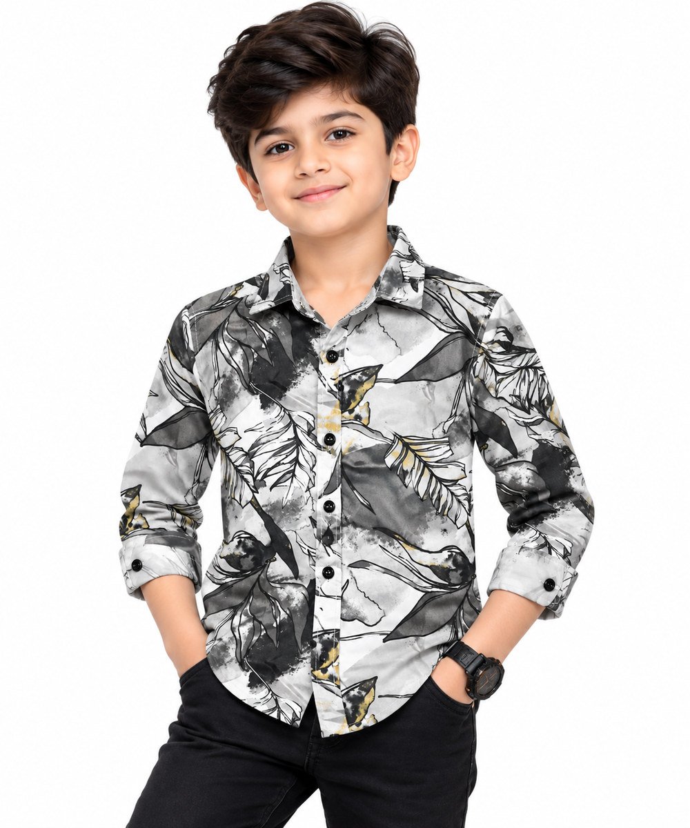 Boys Grey & Black Abstract Botanical Print Casual Shirt