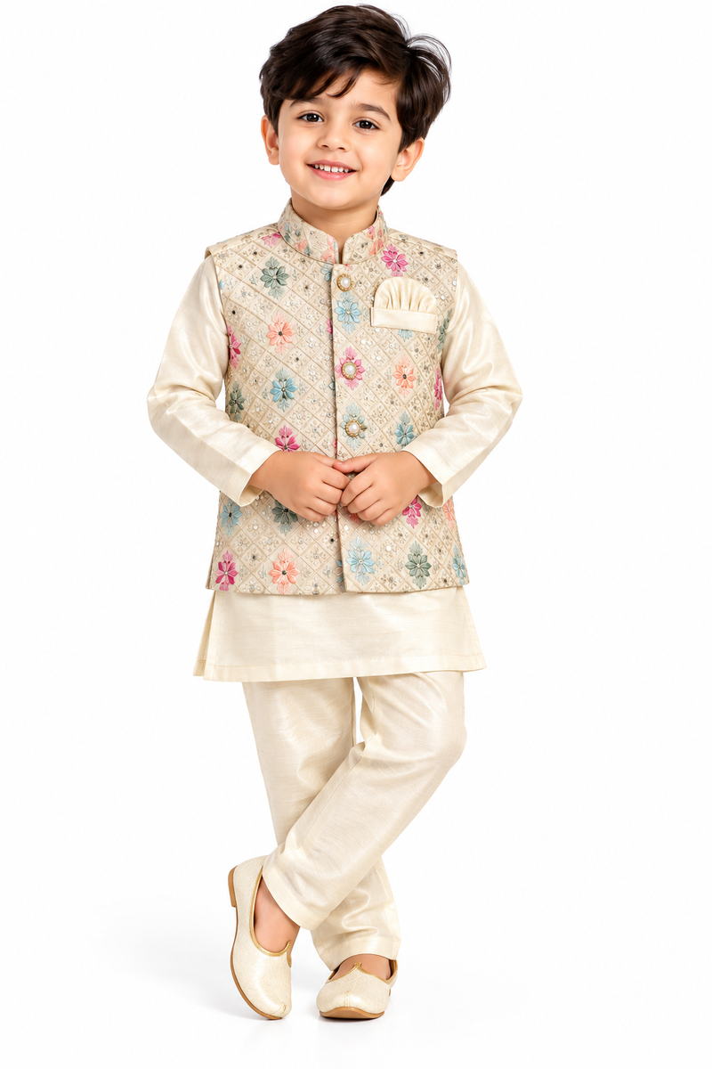 Boys Cream Silk Blend Embroidered Nehru Jacket with Kurta Pajama Set