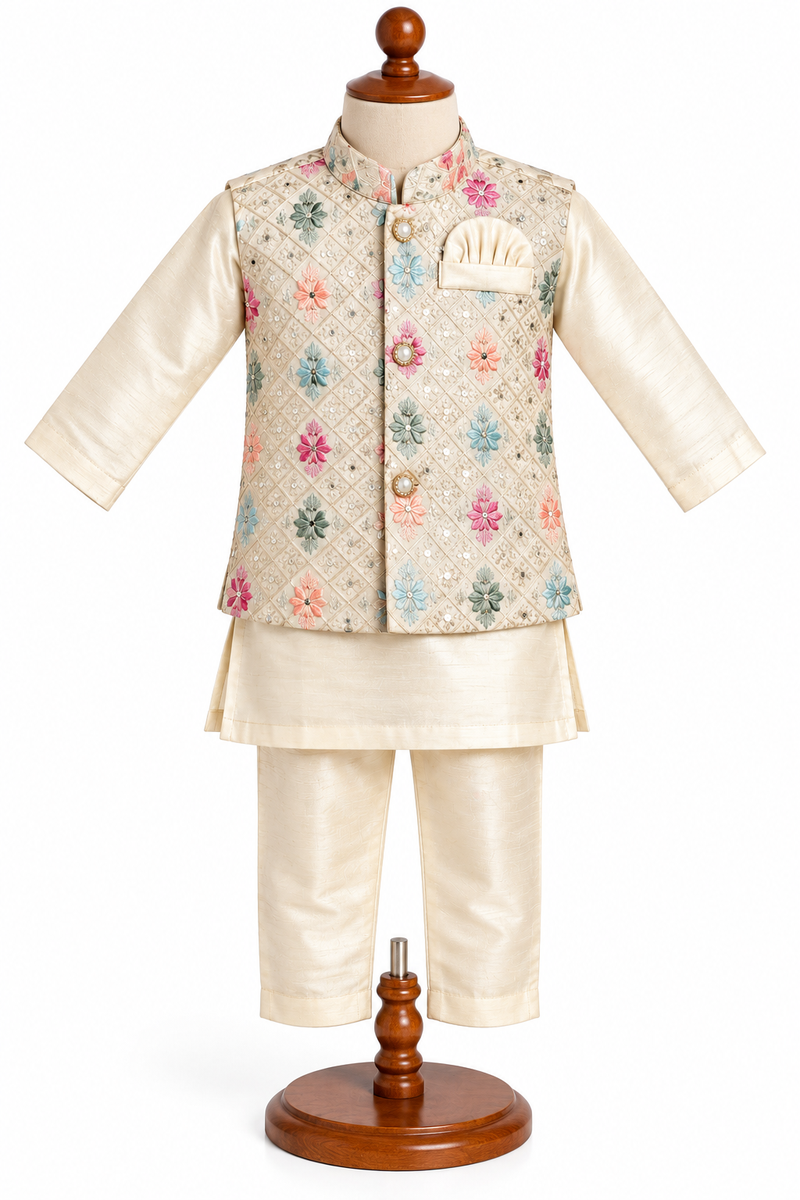 Boys Cream Silk Blend Embroidered Nehru Jacket with Kurta Pajama Set
