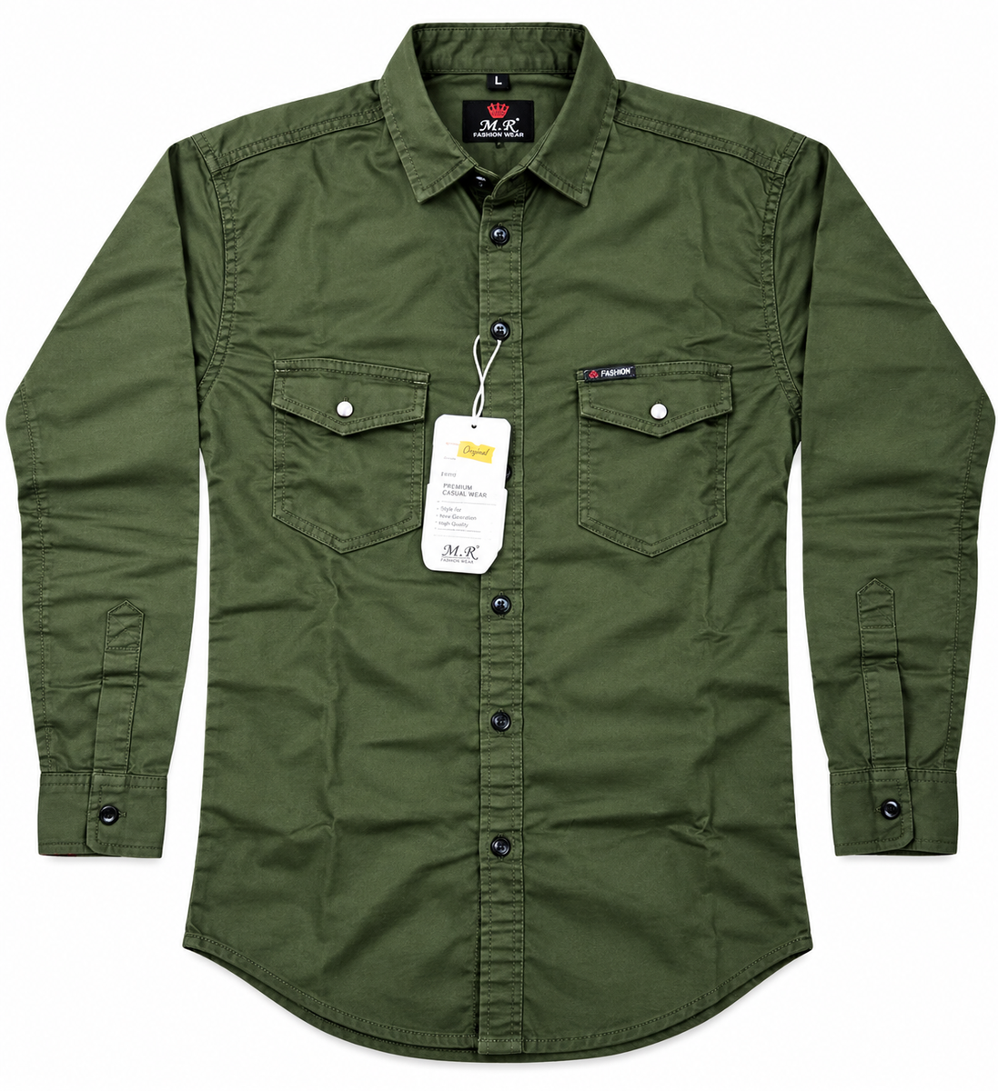 Boys Olive Green Casual Cotton Shirt with Pocket Details