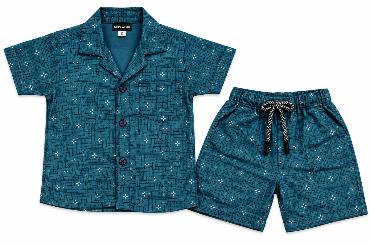 Teal Blue Printed Shirt and Shorts Co-ord Set — lifestyle