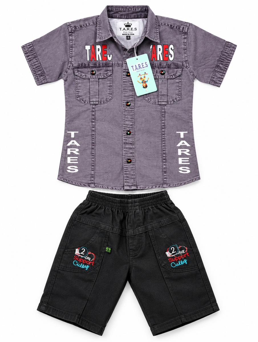 Boys Grey Casual Printed Shirt and Black Shorts Set