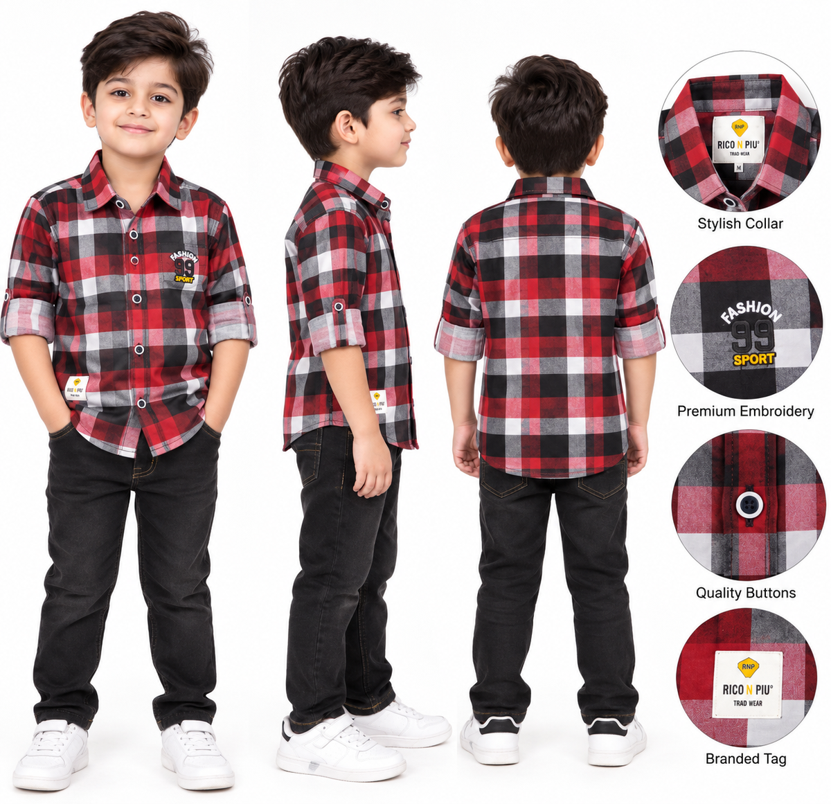 Boys Red & Black Checkered Casual Shirt with Roll-Up Sleeves