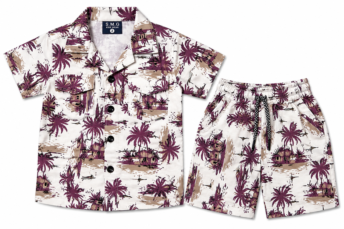 Boys Tropical Palm Print Resort Shirt and Shorts Set