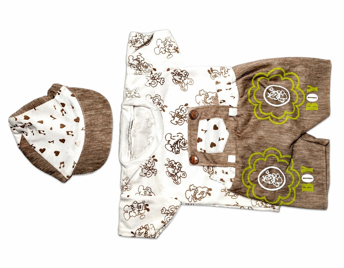 Baby Boys Printed Dungaree Romper with Matching Cap - Brown