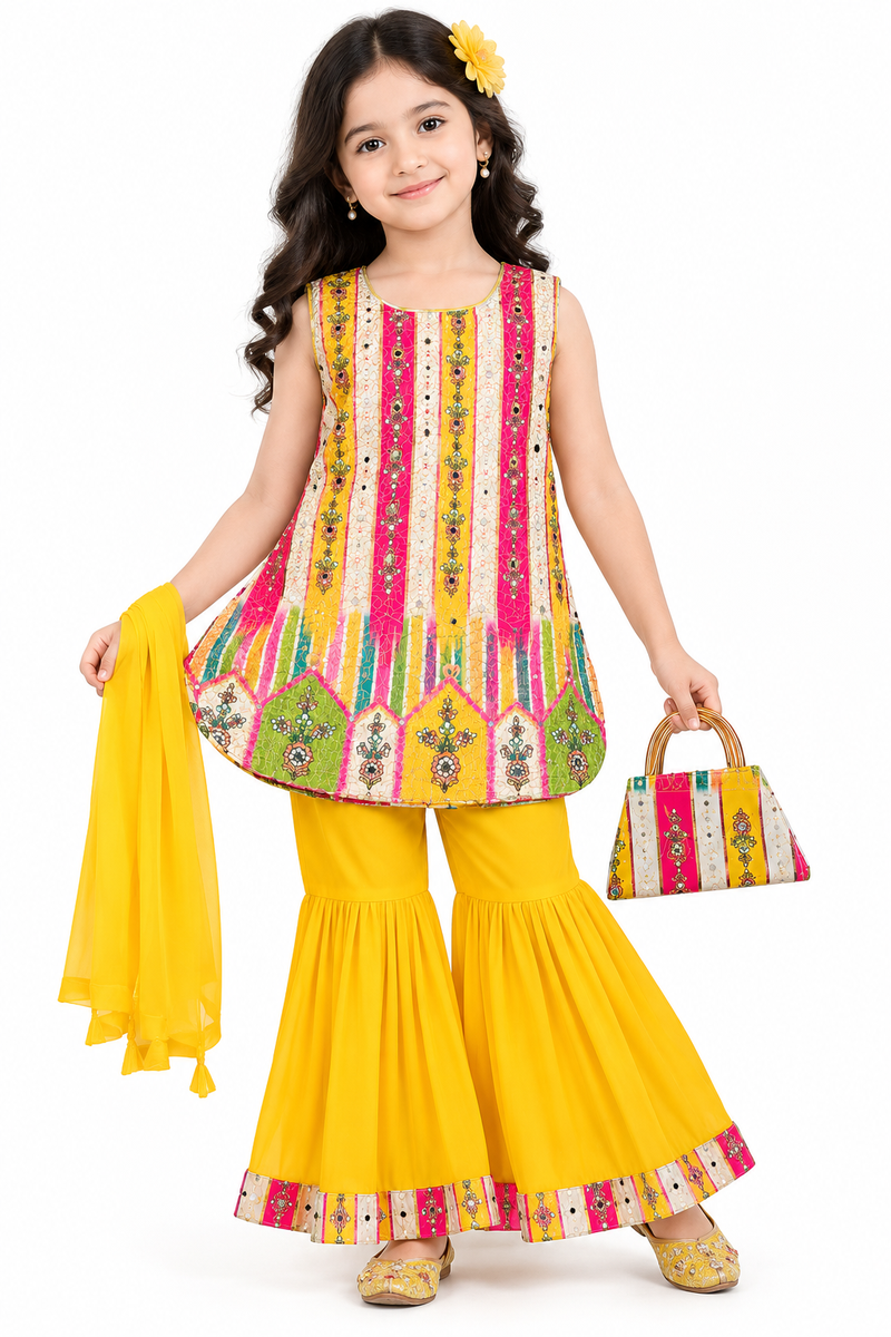 Multicolor Kurti with Yellow Sharara and Dupatta Set