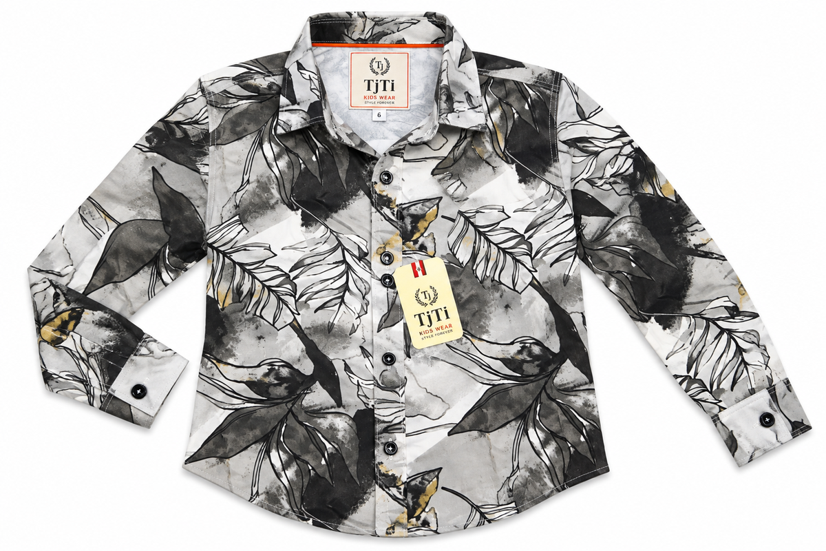 Boys Grey & Black Abstract Leaf Print Casual Shirt — lifestyle