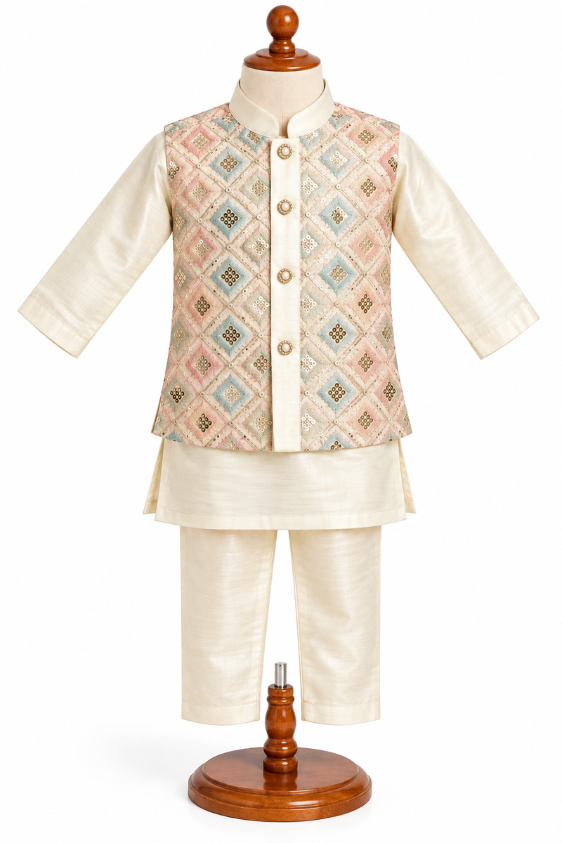 Off-White Silk Kurta with Embroidered Nehru Jacket Set