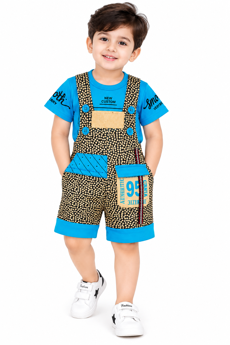 Boys Printed Blue T-Shirt and Short Dungaree Set