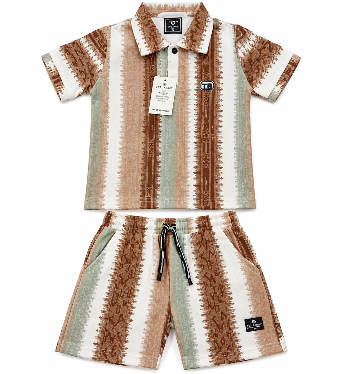 Boys Brown Geometric Print Polo & Shorts Co-ord Set