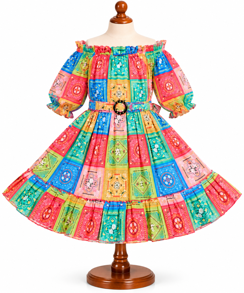 Multicolor Off-Shoulder Printed Frock with Belt